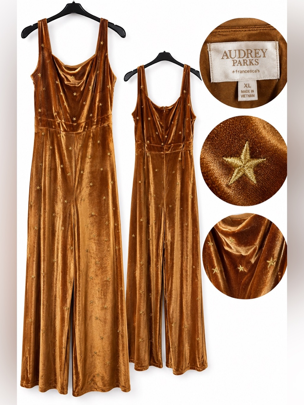 Audrey Parks Francesca’s Velvet Star Embroidered Wide Leg Jumpsuit XL Rust Gold